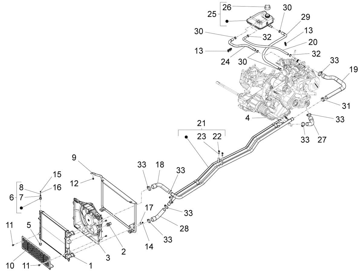 Exploded View of Piaggio Quargo Cooling System